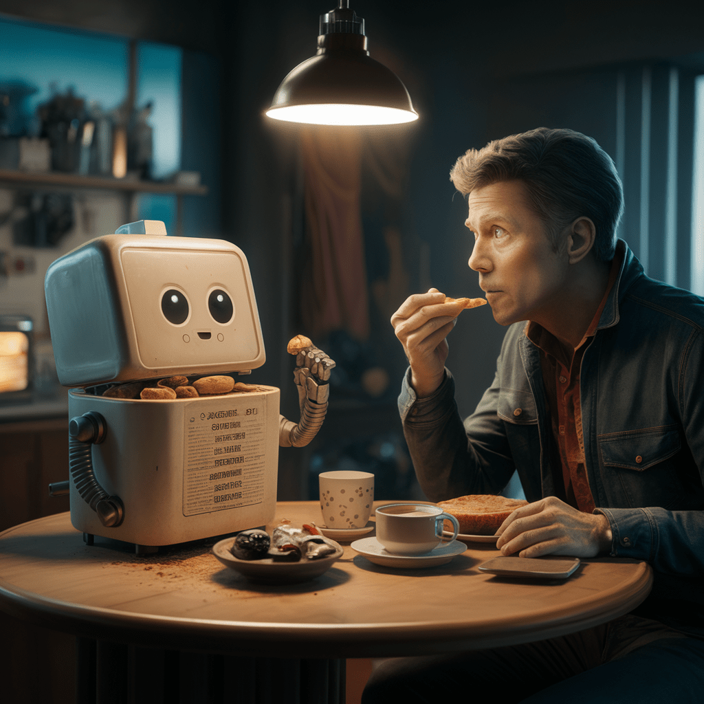 Man eating cookies in front of a robot cookie jar with big eyes